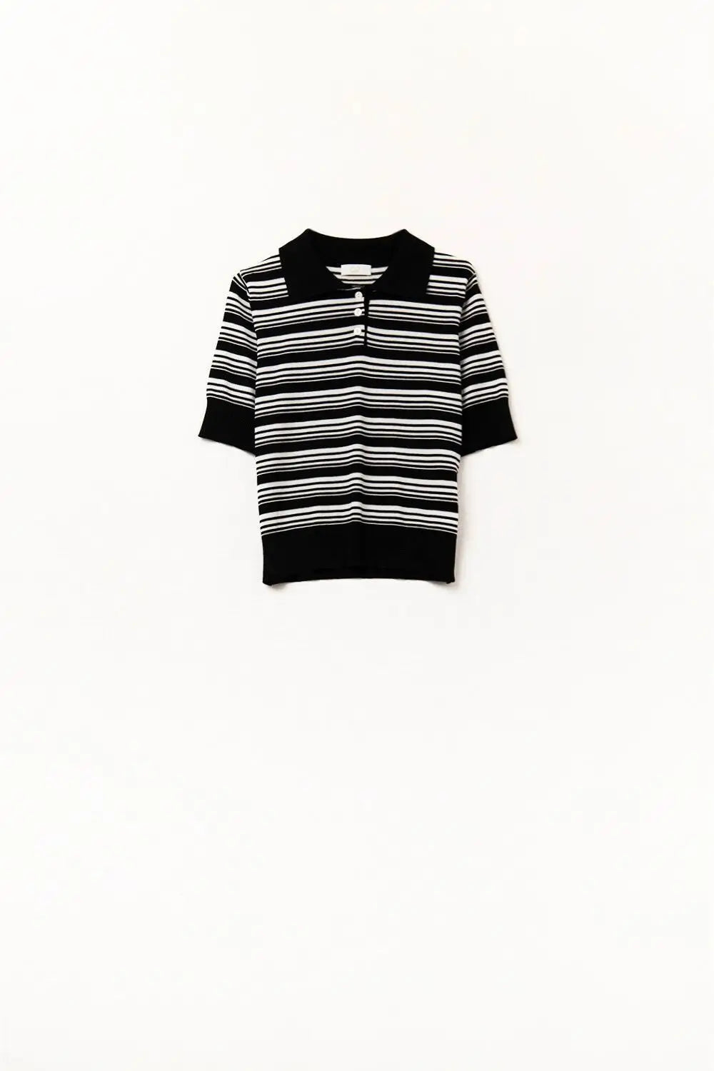 Q2 Black and White Striped Sweater With Polo Neck