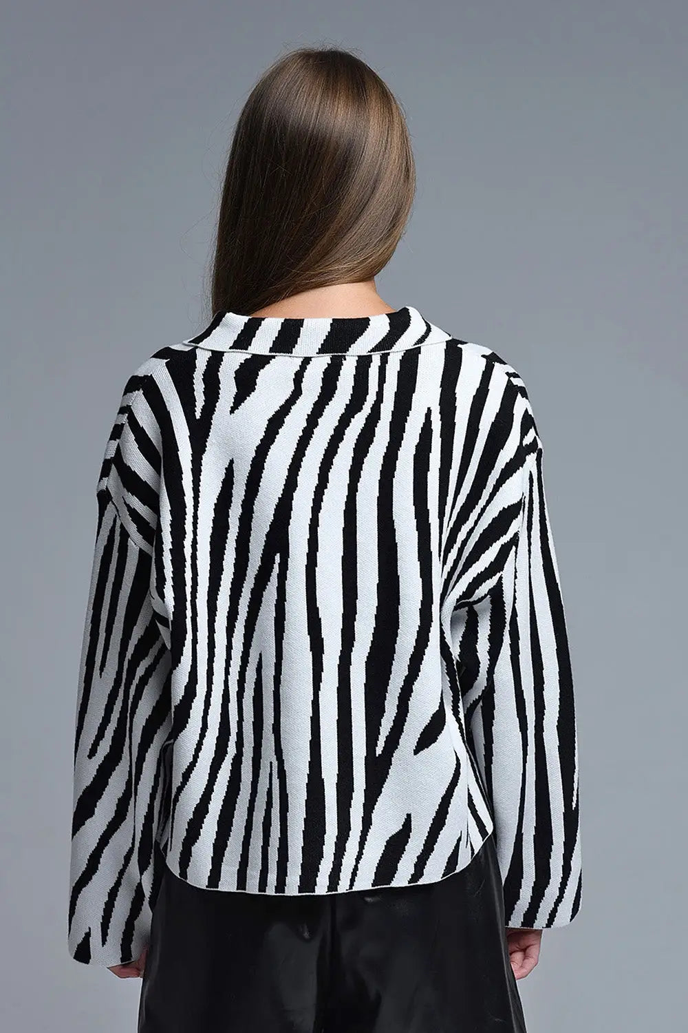 Black and White Zebra Print Polo Collar Cardigan - One Size / White - Sweaters