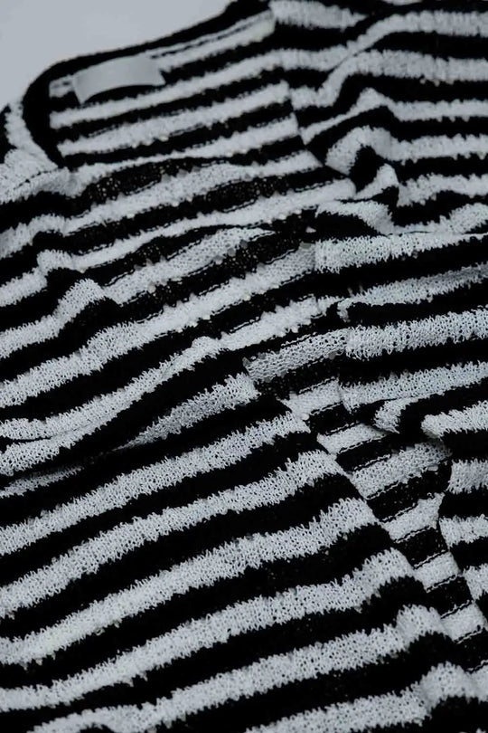 Black Boho Style Cardigan With Stripes Pointelle Knit and Fringe Details - One Size / Black - Sweaters