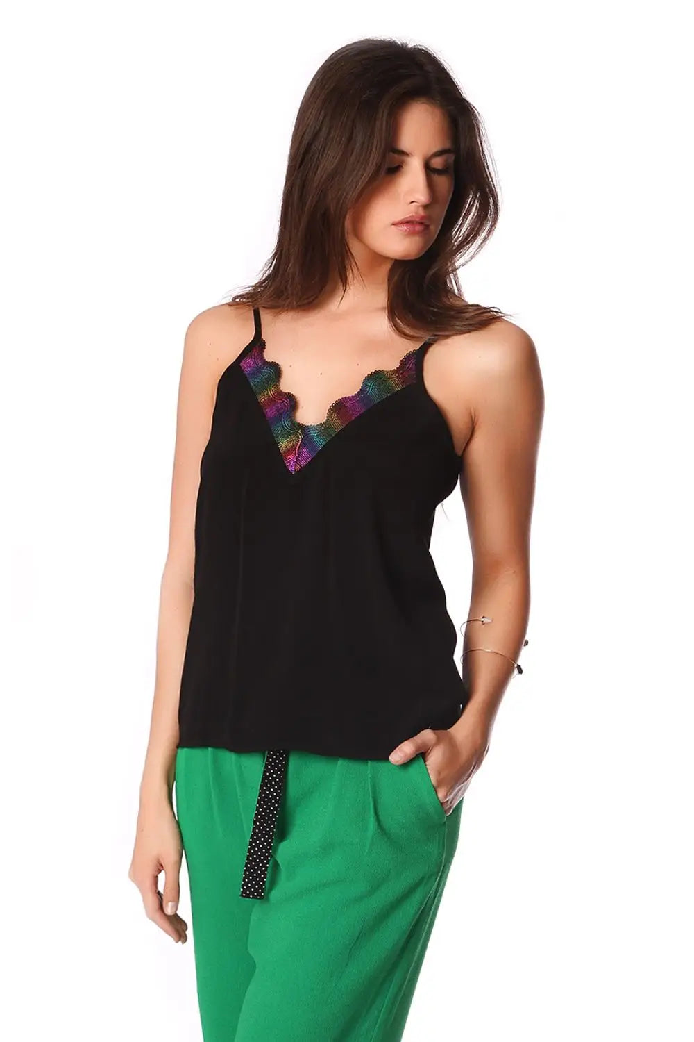 Black cami top with multi color cage detail - Shirts