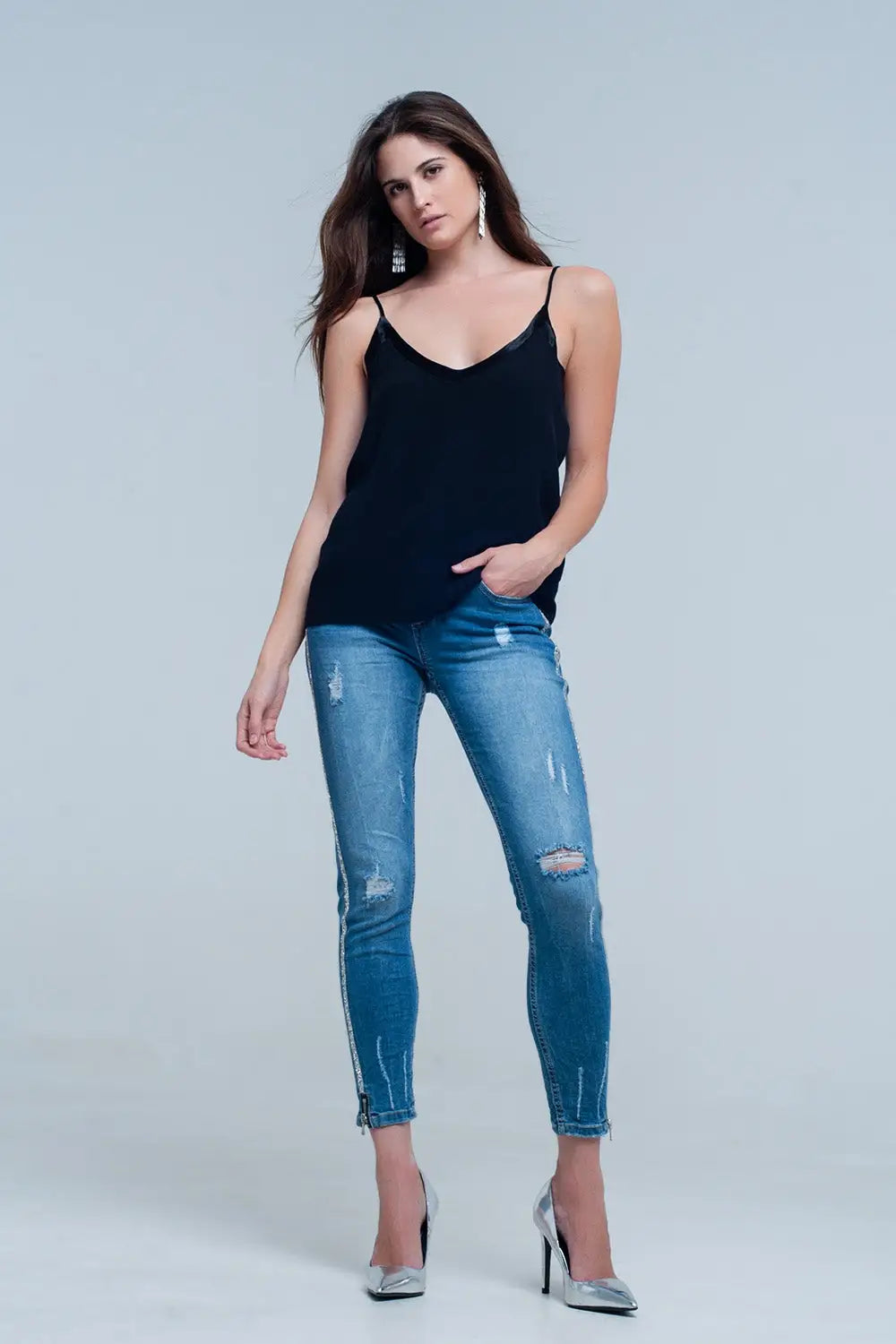 Black cami top with shiny pattern - Shirts