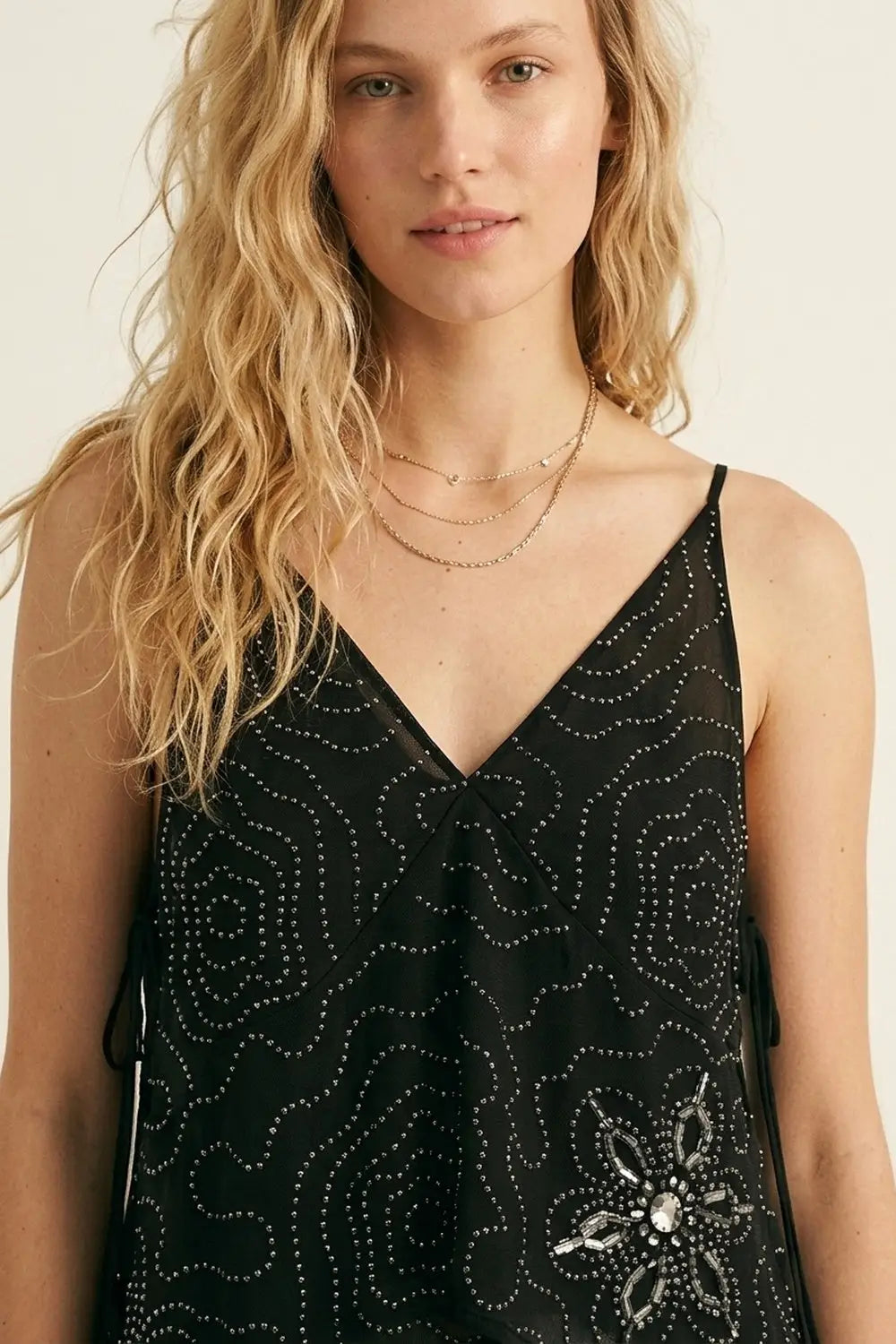 Black chiffon Asymmetric Hem Top with Beaded embellishment - Tops
