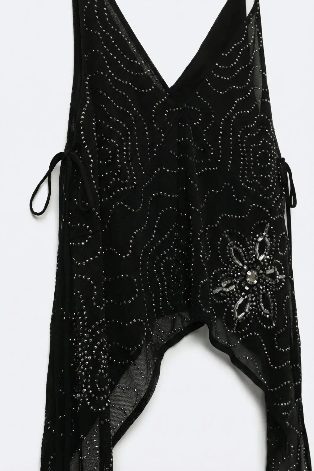 Black chiffon Asymmetric Hem Top with Beaded embellishment - Tops
