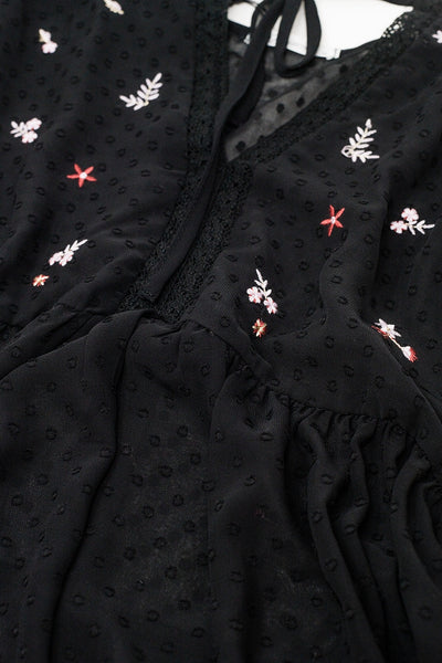 black chiffon blouse with flower embroidery