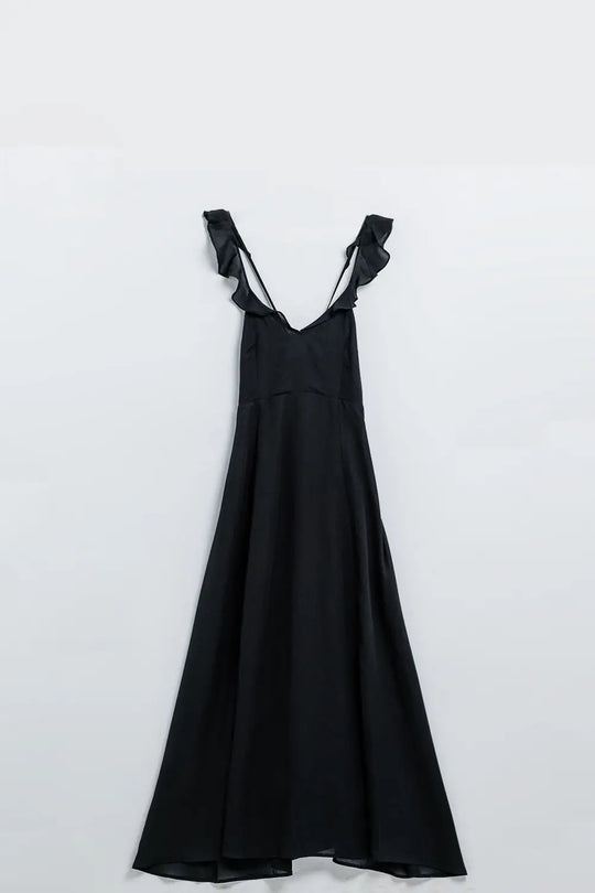 Q2 Black chiffon maxi dress with ruffles on the straps