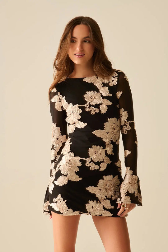 black chiffon mini dress with floral brocade - Dresses