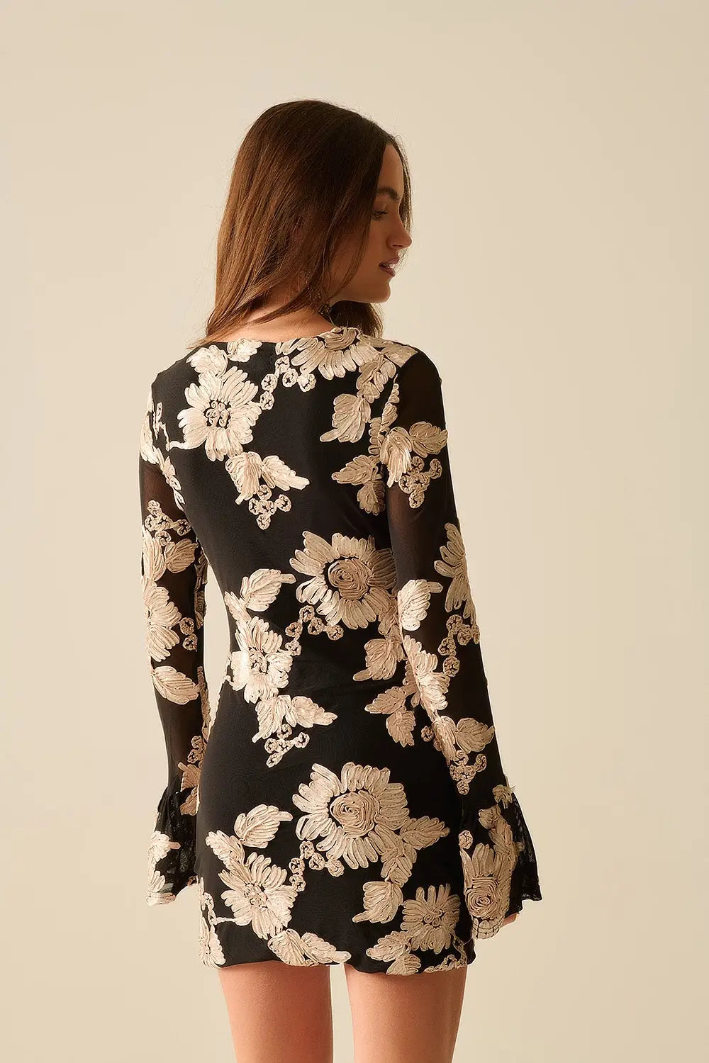 black chiffon mini dress with floral brocade - Dresses