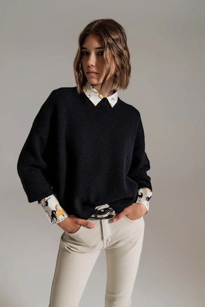Black chunky knitted relaxed Jumper - Sweaters