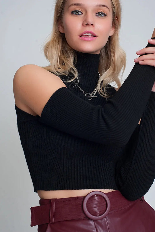 Black cut out rib sweater in fine knit - Sweaters