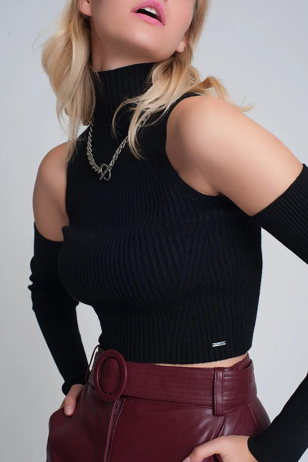 Black cut out rib sweater in fine knit - Sweaters