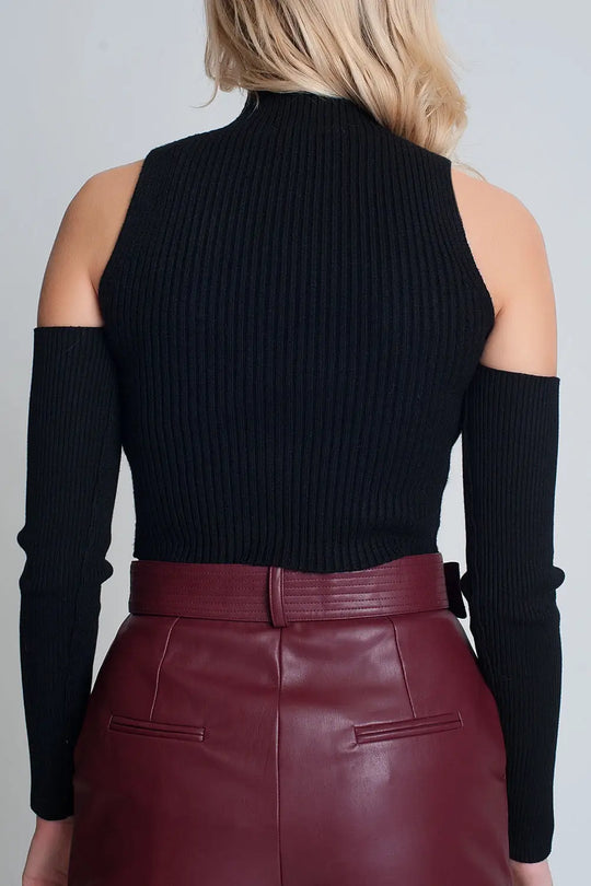 Black cut out rib sweater in fine knit - Sweaters