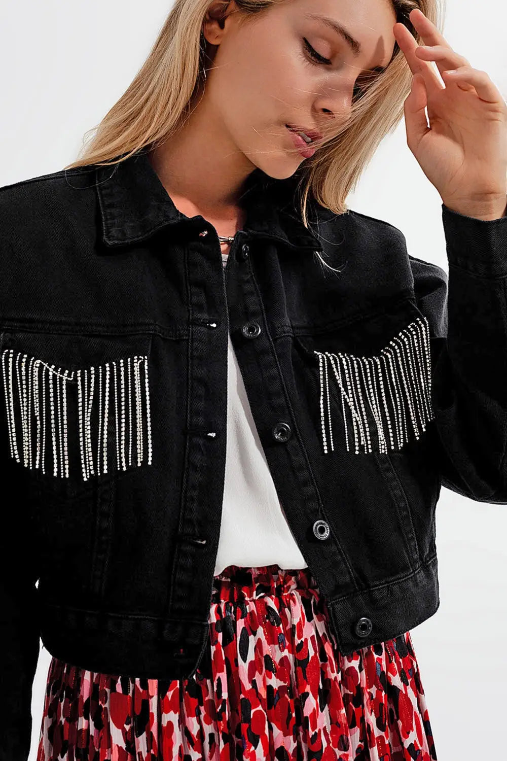 Black denim jacket with strass fringing - Coats and Jackets
