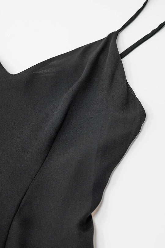 Black double layer satin dress with straps - Dresses