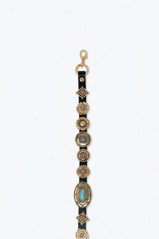Black Faux Leather Gold Chain Turquoise Medallion Western Belt - One Size / Gold - Accesory