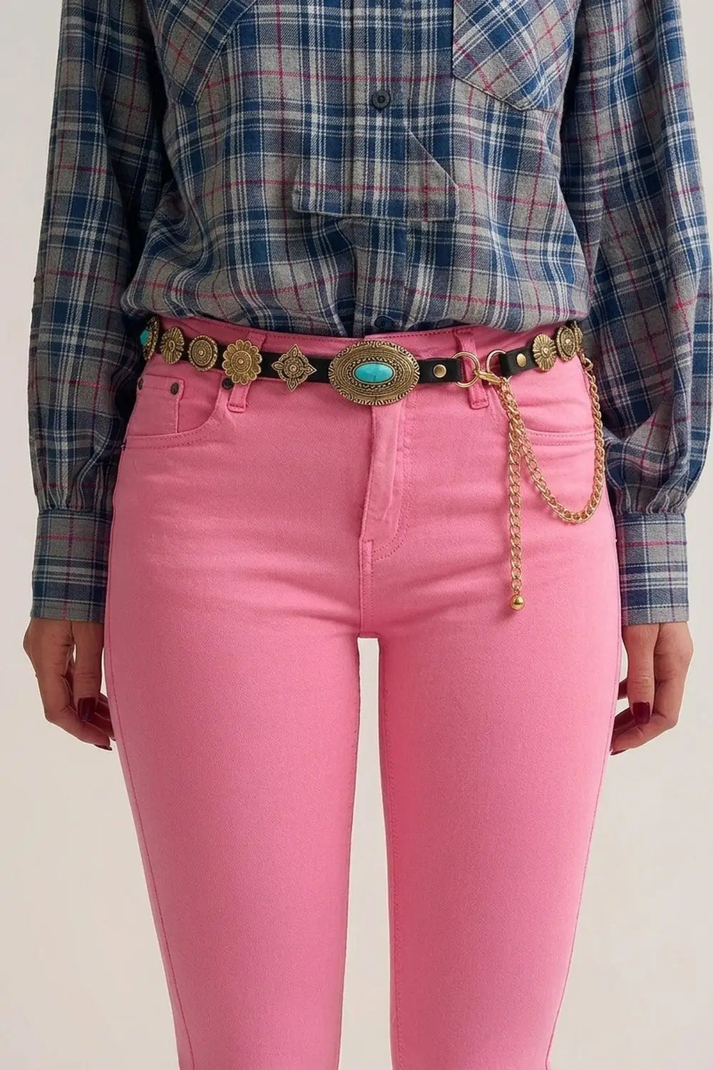 Black Faux Leather Gold Chain Turquoise Medallion Western Belt - One Size / Gold - Accesory