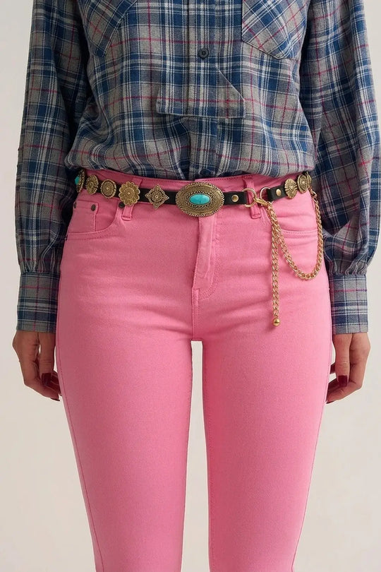 Black Faux Leather Gold Chain Turquoise Medallion Western Belt - One Size / Gold - Accesory