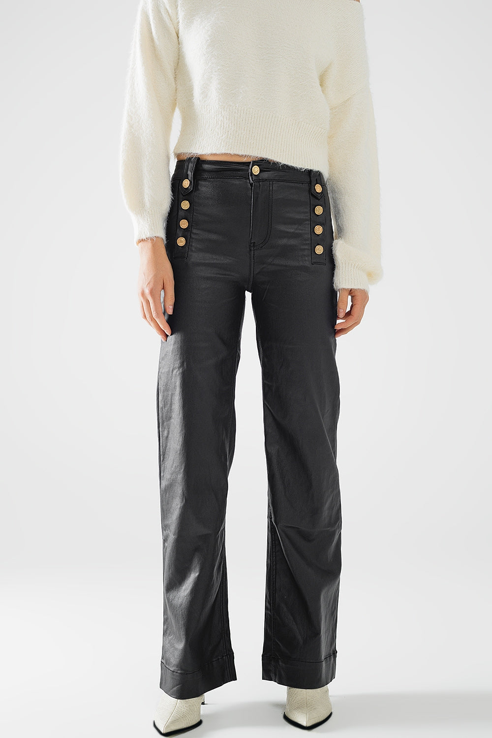 Q2 Black faux leather trousers with buttons