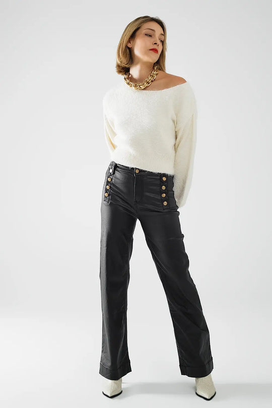 Black faux leather trousers with buttons - Pants
