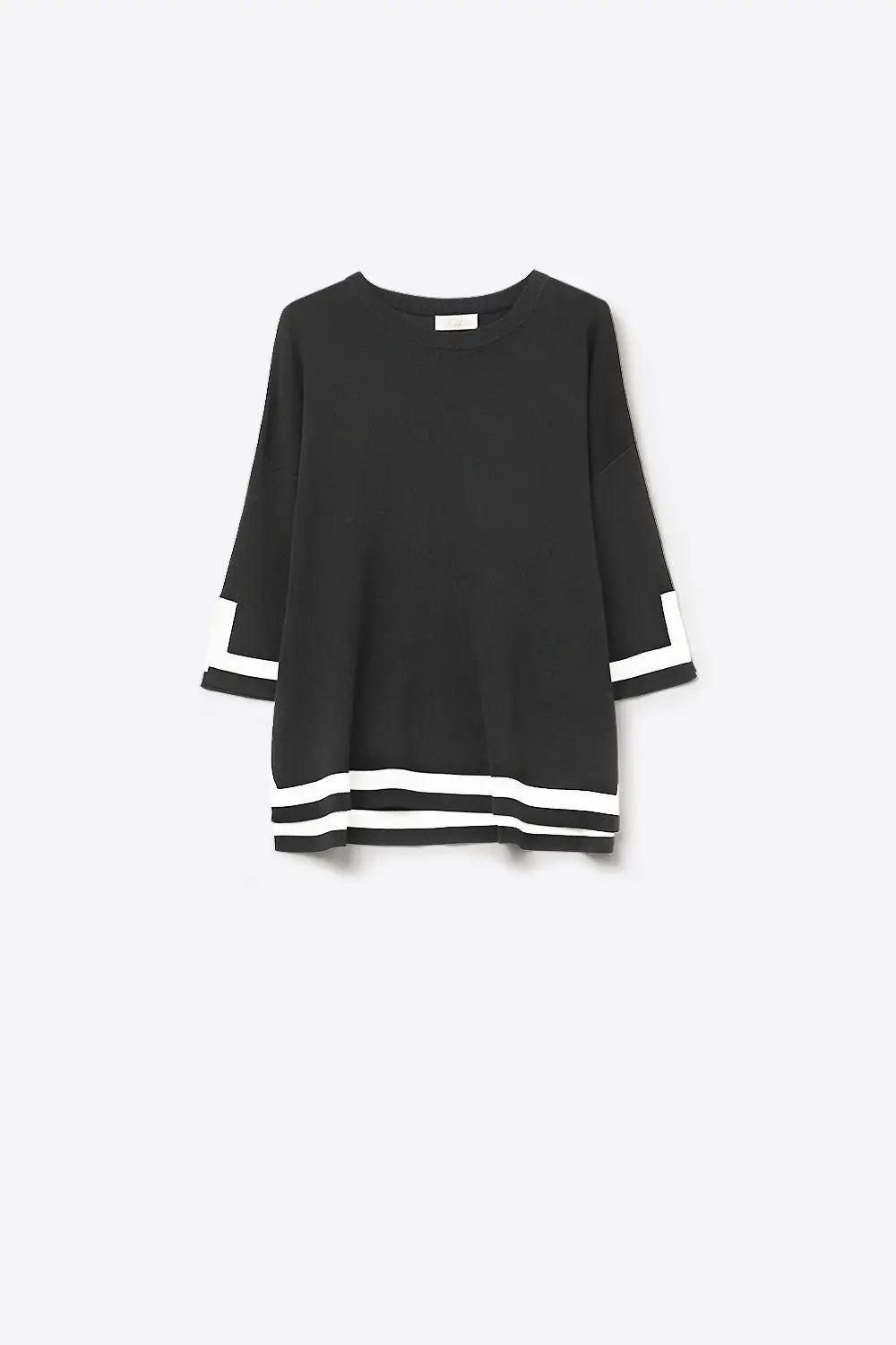 Q2 Black Fine Knit Top with Contrast Stripe in white Detail and 3/4 Sleeves