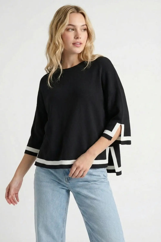 Black Fine Knit Top with Contrast Stripe in white Detail and 3/4 Sleeves - One Size / Black