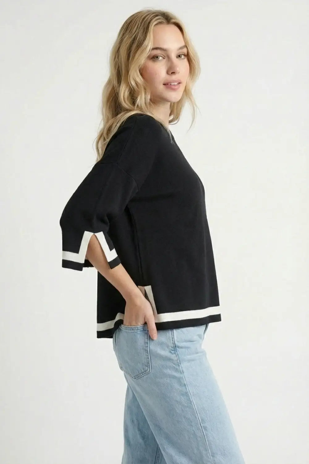 Black Fine Knit Top with Contrast Stripe in white Detail and 3/4 Sleeves - One Size / Black