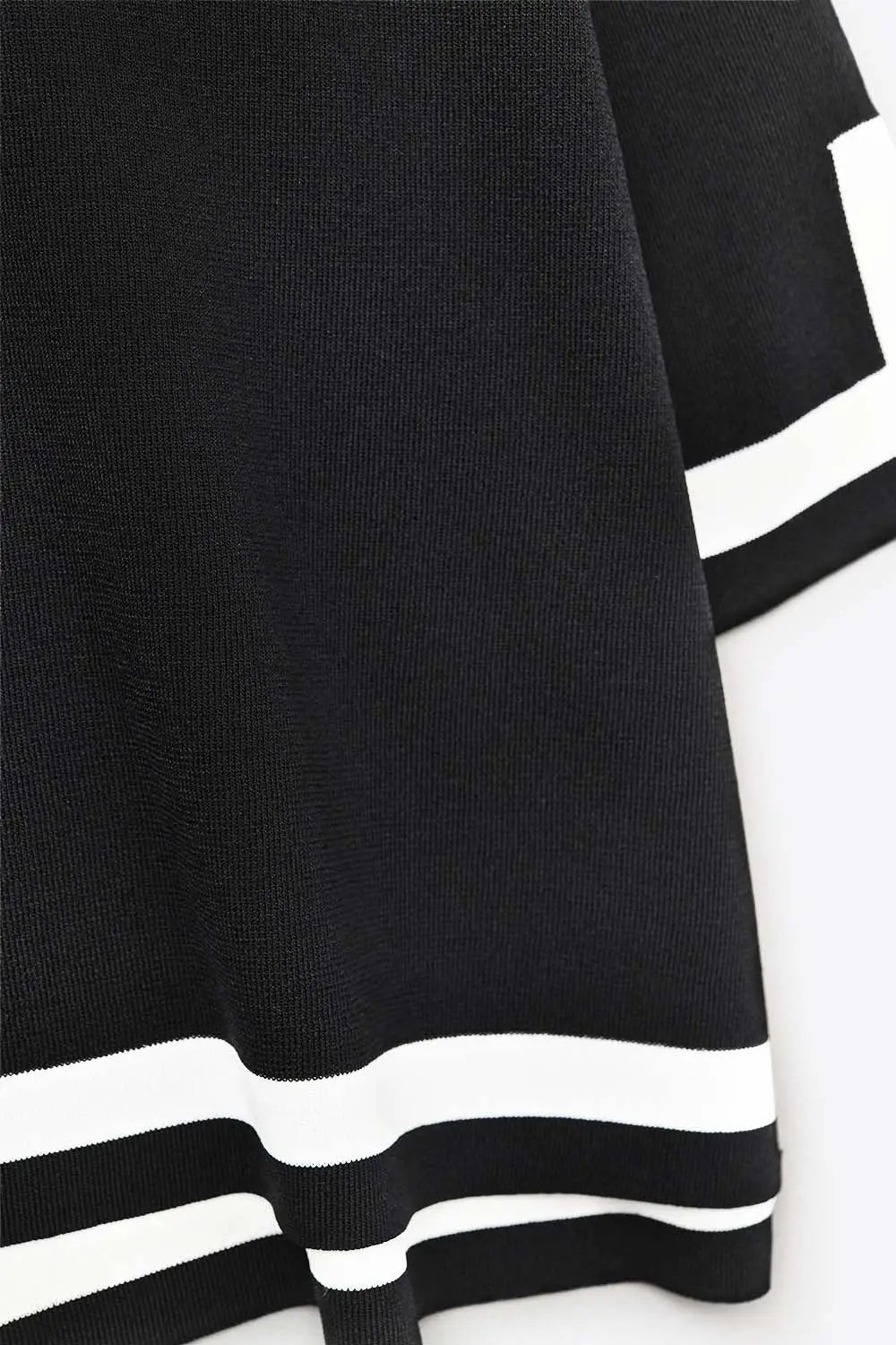 Black Fine Knit Top with Contrast Stripe in white Detail and 3/4 Sleeves - One Size / Black