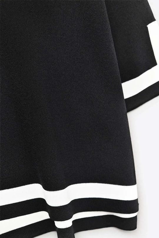 Black Fine Knit Top with Contrast Stripe in white Detail and 3/4 Sleeves - One Size / Black