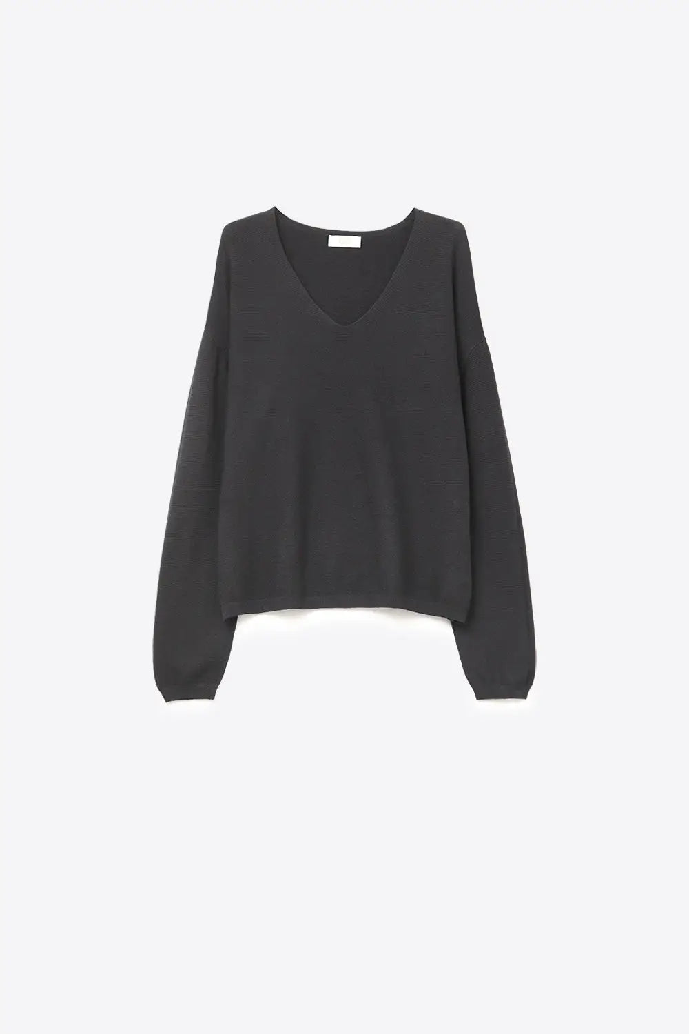Black Fine Knit V-Neck Sweater with Subtle Linear Texture - One Size / Black
