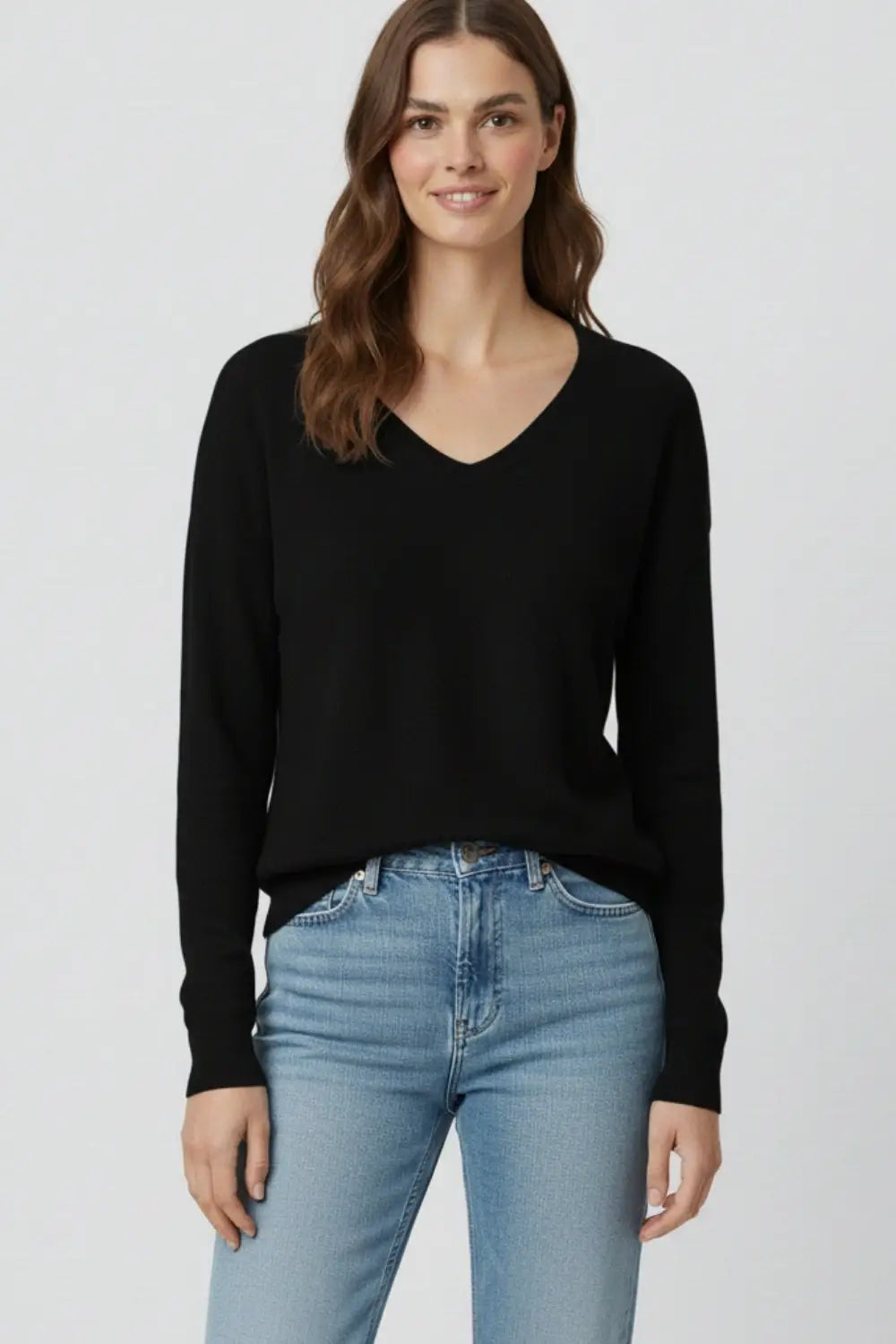 Black Fine Knit V-Neck Sweater with Subtle Linear Texture - One Size / Black