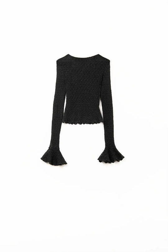 Q2 black flared long sleeve t-shirt in lace fabric