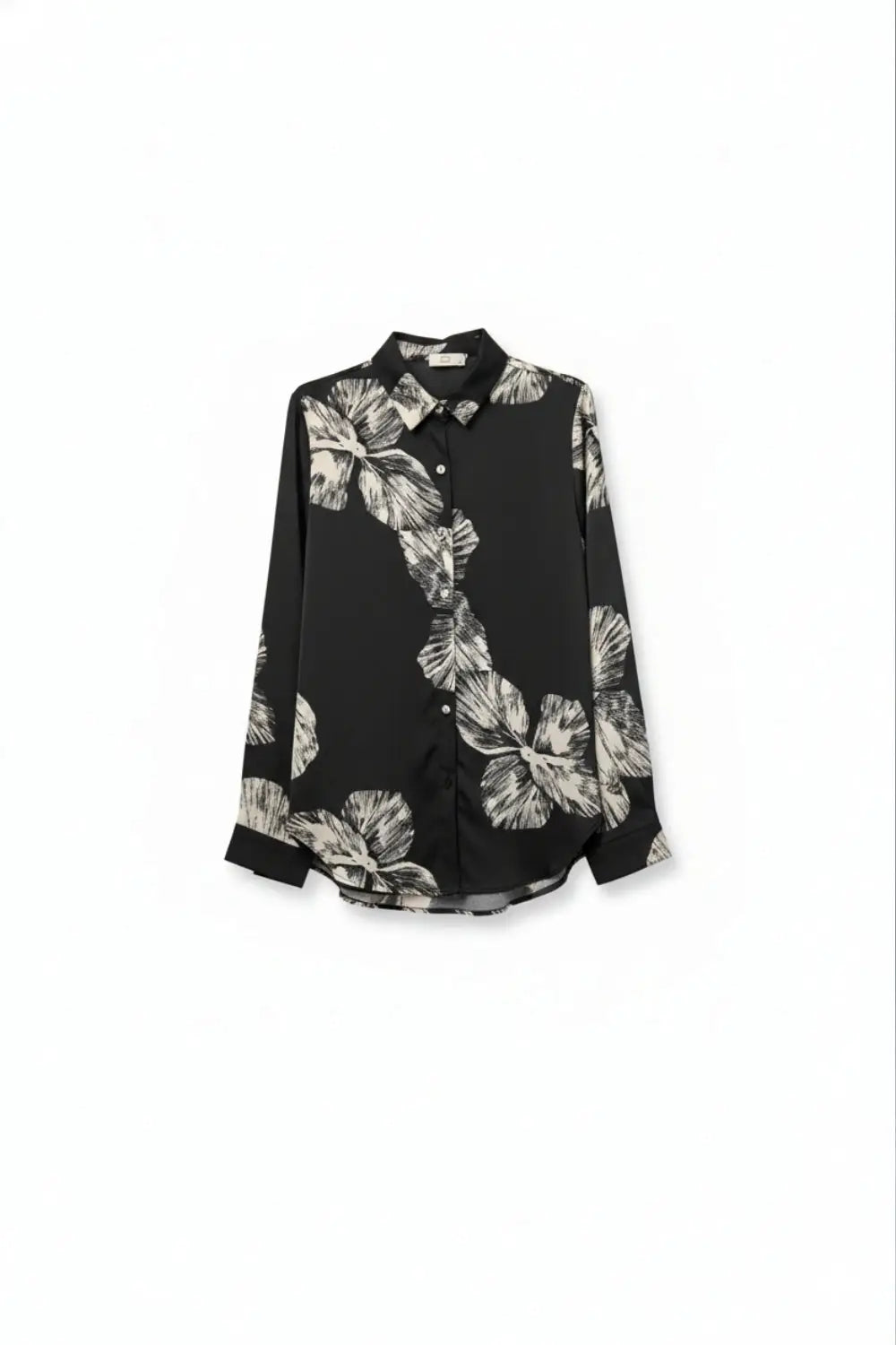 Black Floral Button-Up Blouse in Satin fabric - Shirts