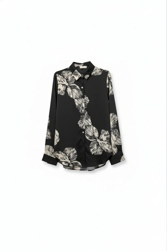 Black Floral Button-Up Blouse in Satin fabric - Shirts