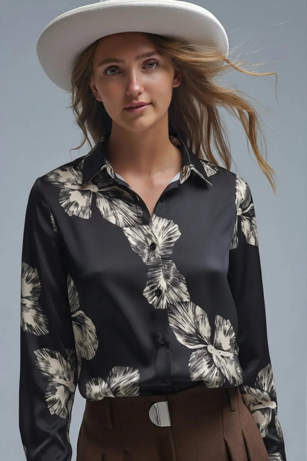 Black Floral Button-Up Blouse in Satin fabric - Shirts