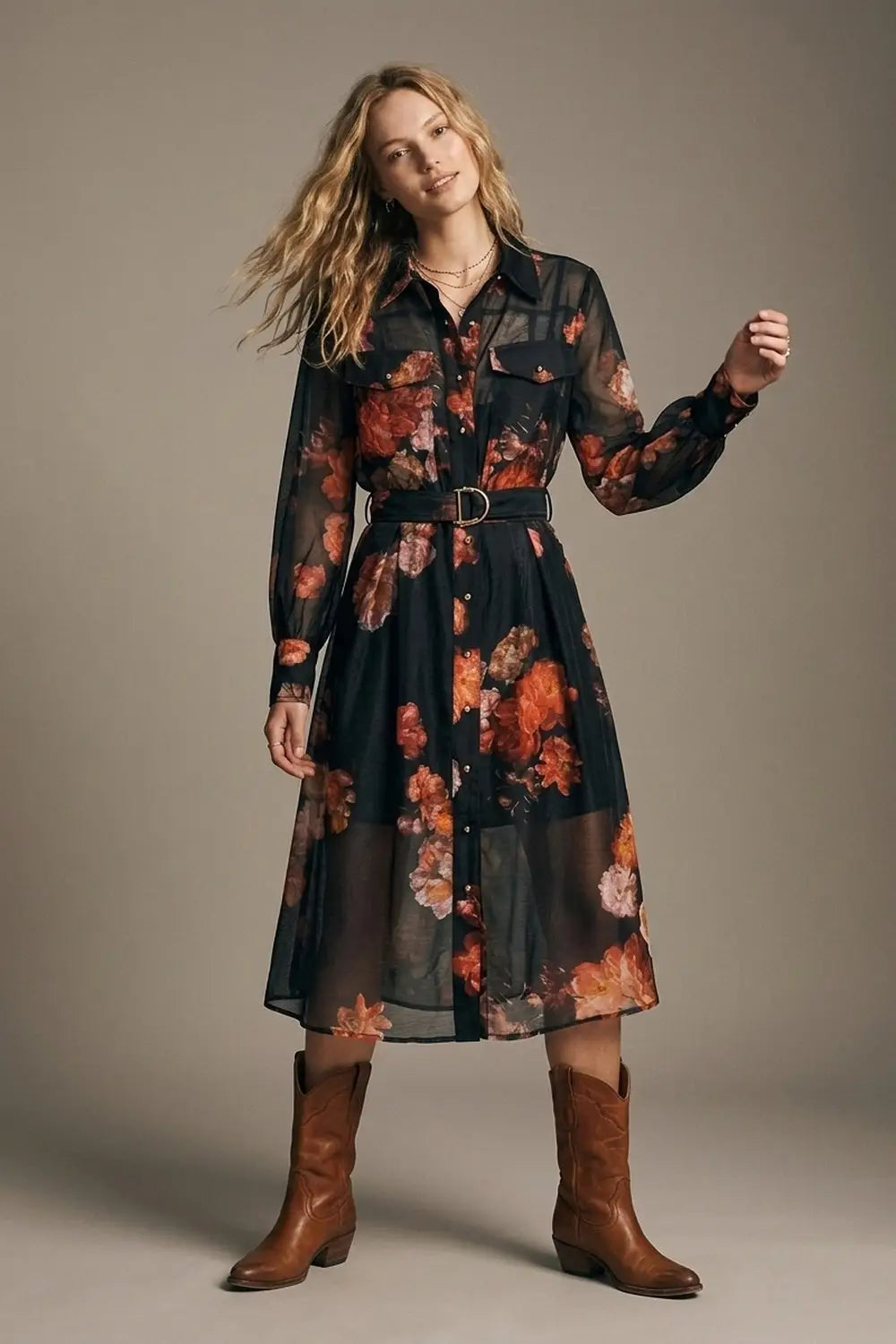 Q2 Black Floral Print Sheer Belted Midi Shirt Dress Long Sleeves