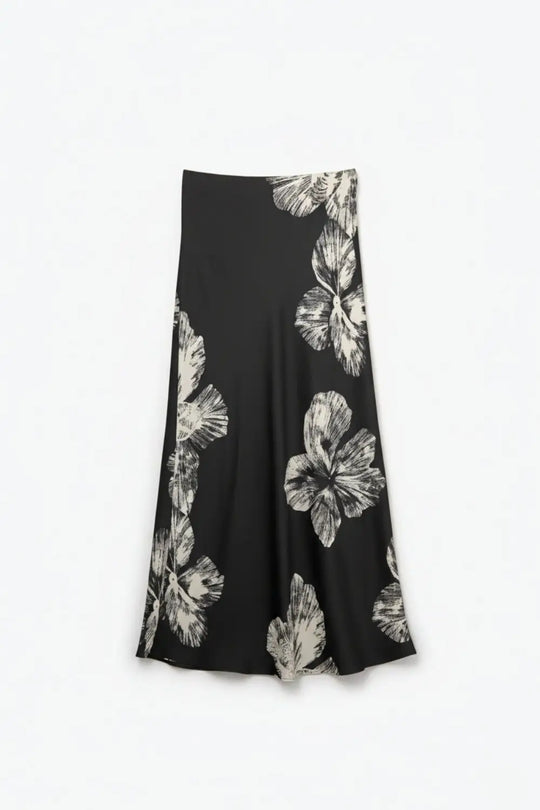 Black Floral Satin Midi Skirt in satin - Skirts
