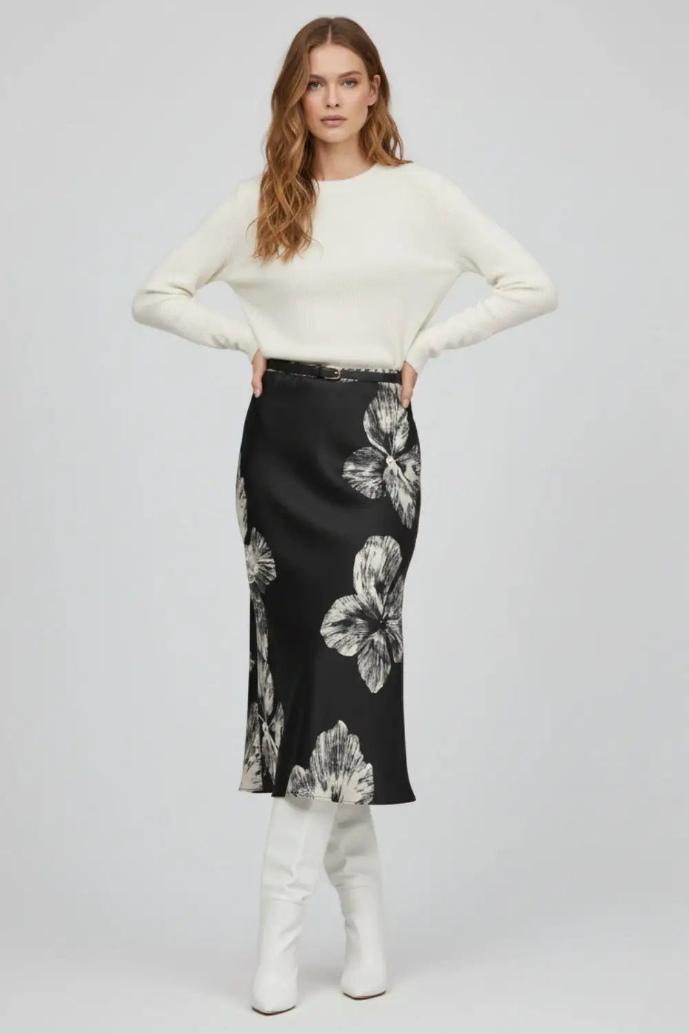 Q2 Black Floral Satin Midi Skirt in satin