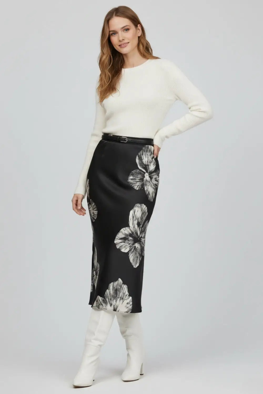 Black Floral Satin Midi Skirt in satin - Skirts