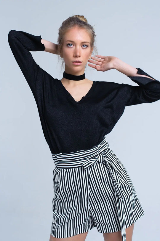 Black knit sweater with gold lurex detail - Sweaters