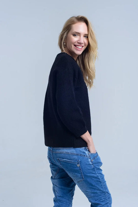 Black knitted crew neck sweater - Sweaters
