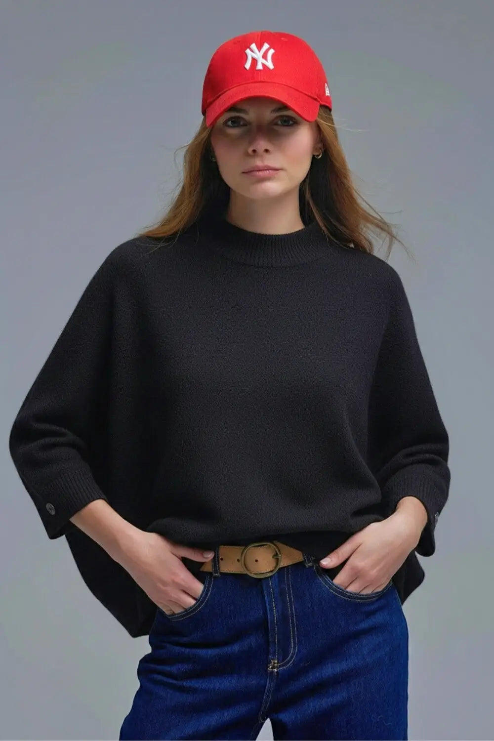 Black Knitted Sweater with sleeves Button Details - One Size / Black