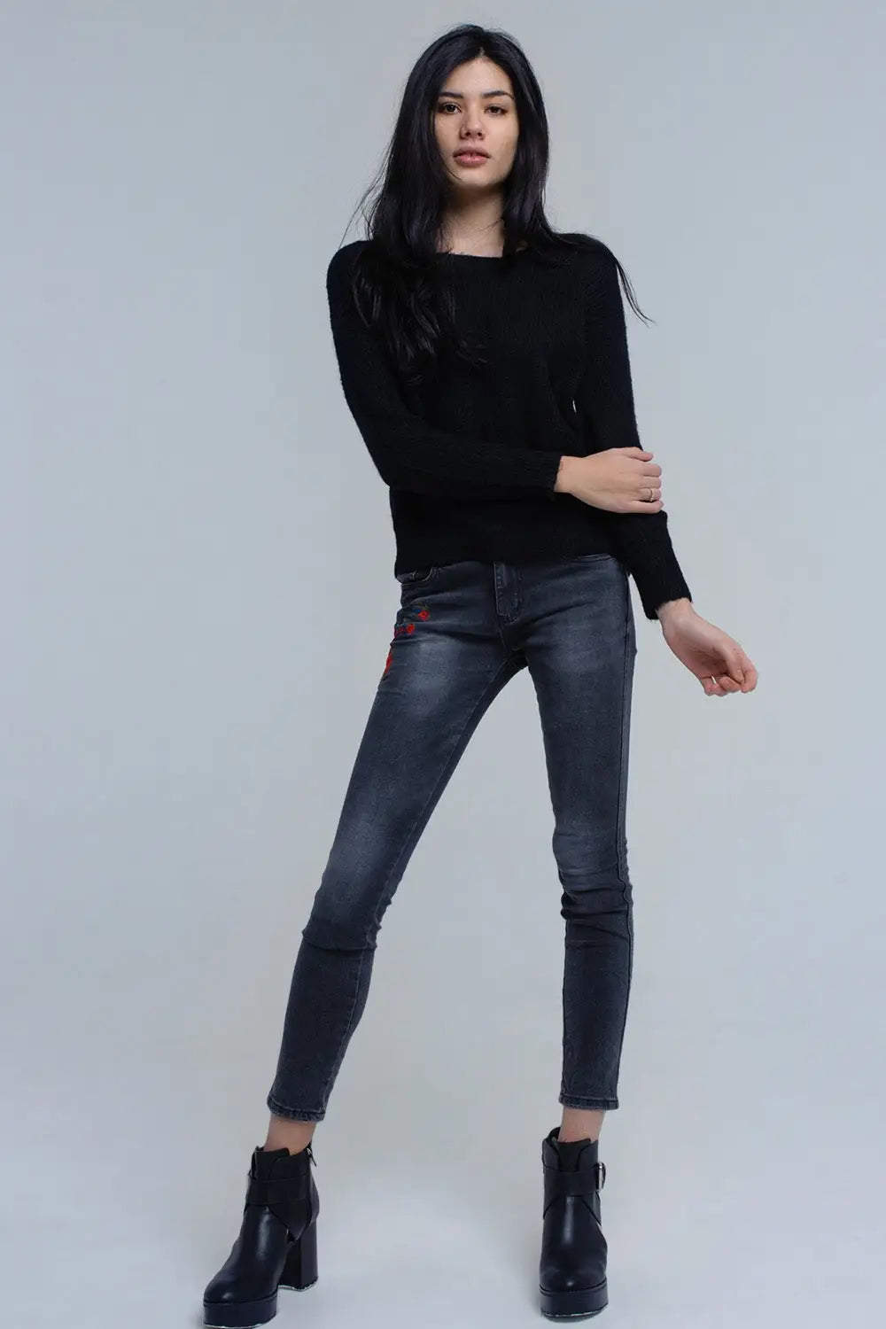Black knitted sweater with tie-back closure - Sweaters