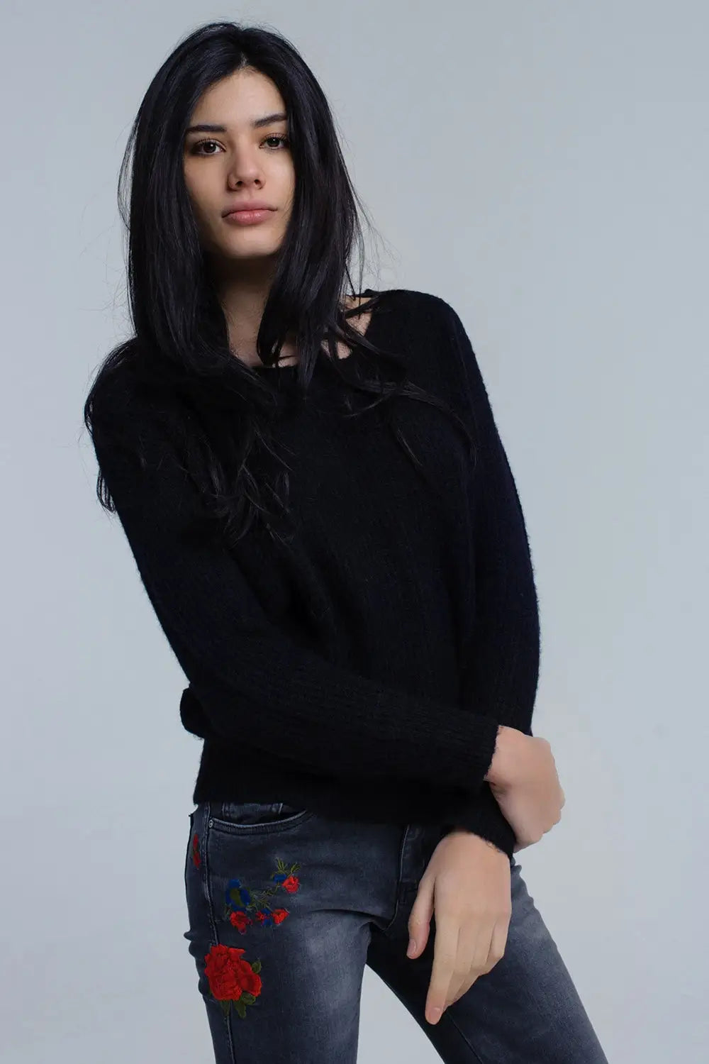 Black knitted sweater with tie-back closure - Sweaters