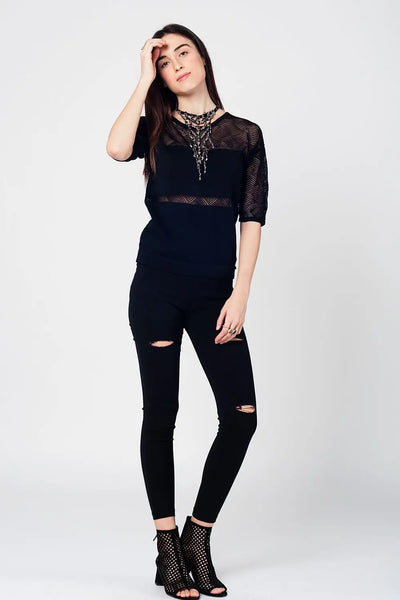 Black knitted top with lace contrast detail - Sweaters