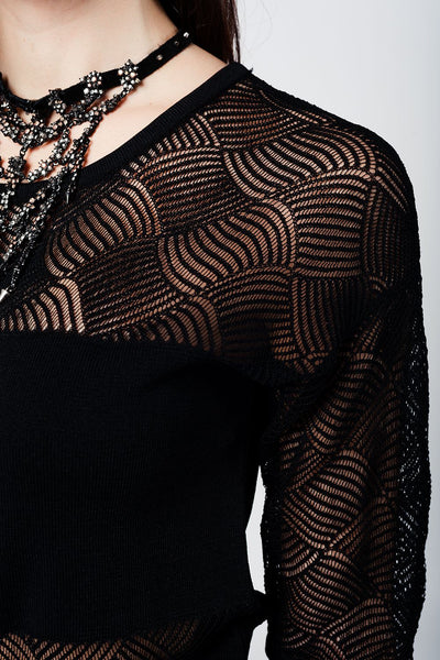 Black knitted top with lace contrast detail