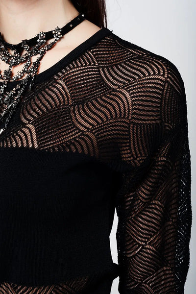 Black knitted top with lace contrast detail - Sweaters