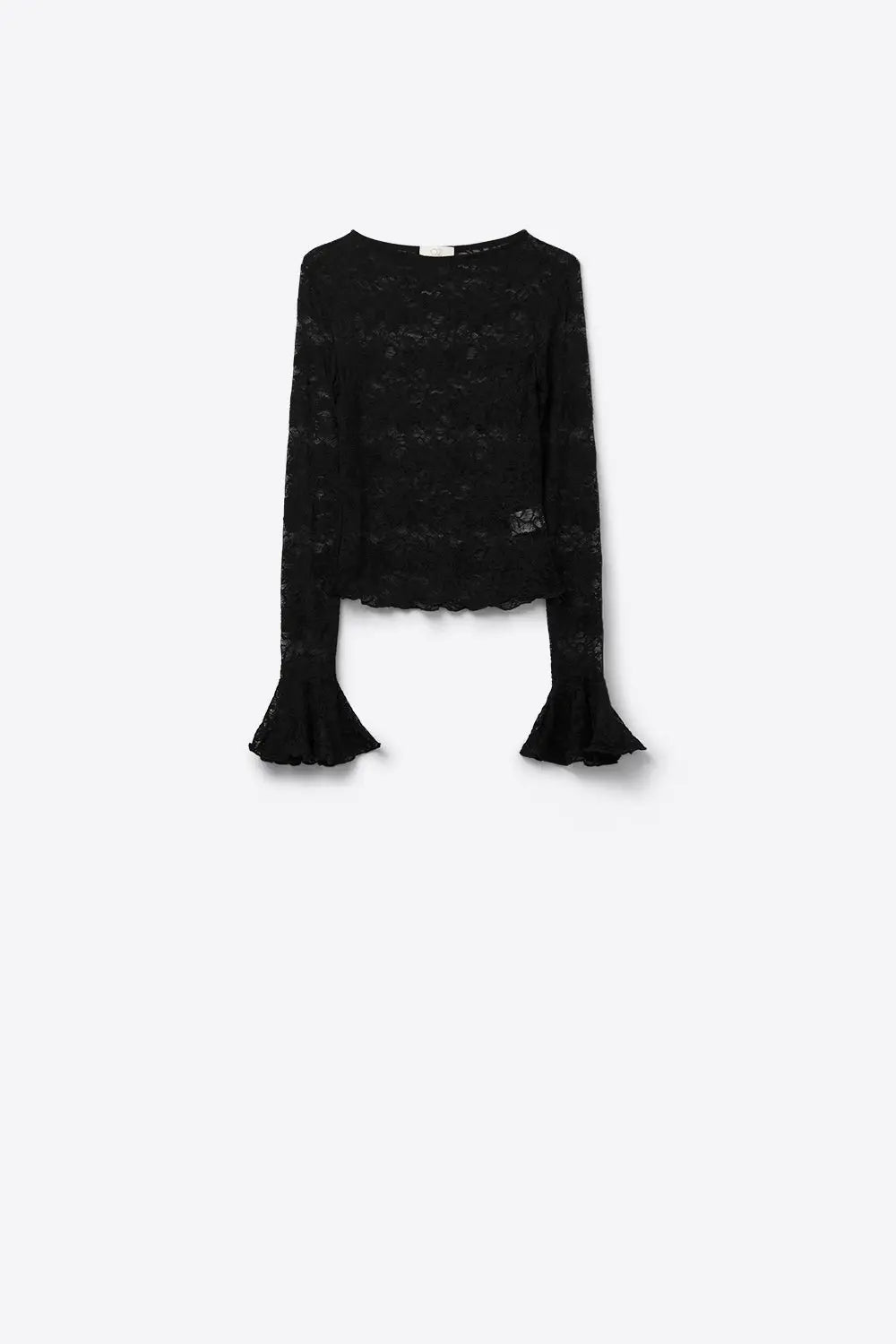 Black lace top with long flared sleeves and ruffles - Tops