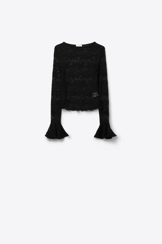 Black lace top with long flared sleeves and ruffles - Tops
