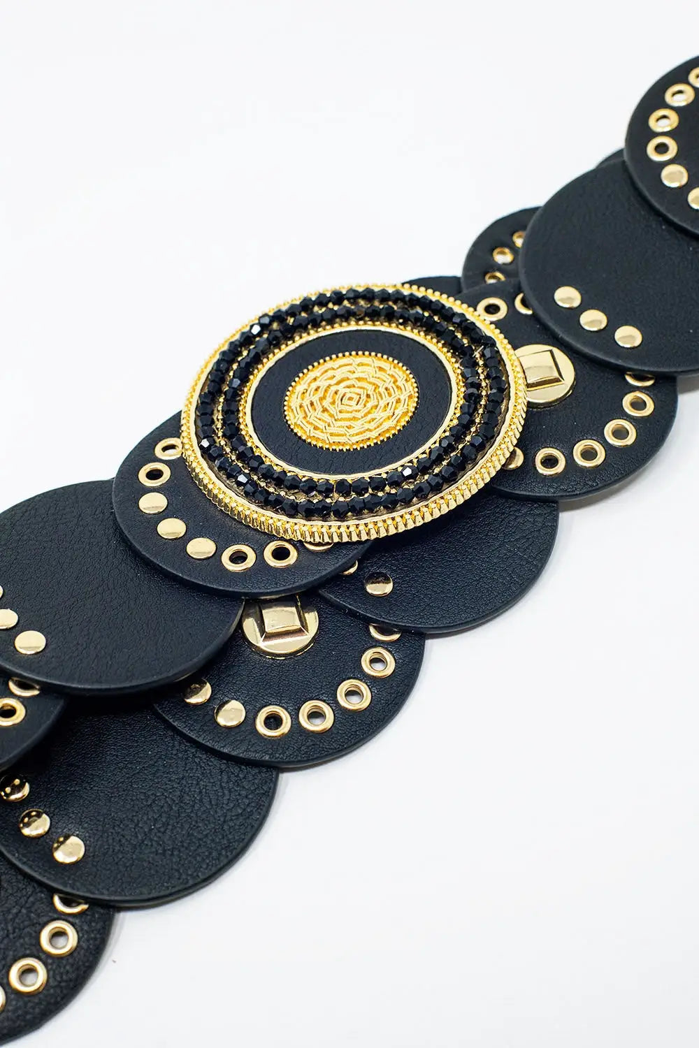 Black leather belt with black rhinestone round buckle and golden details - Accesory