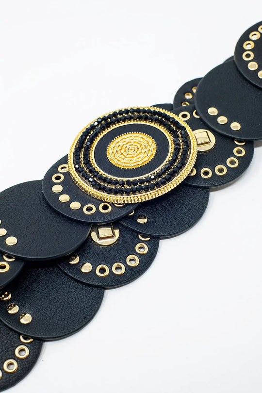Black leather belt with black rhinestone round buckle and golden details - Accesory
