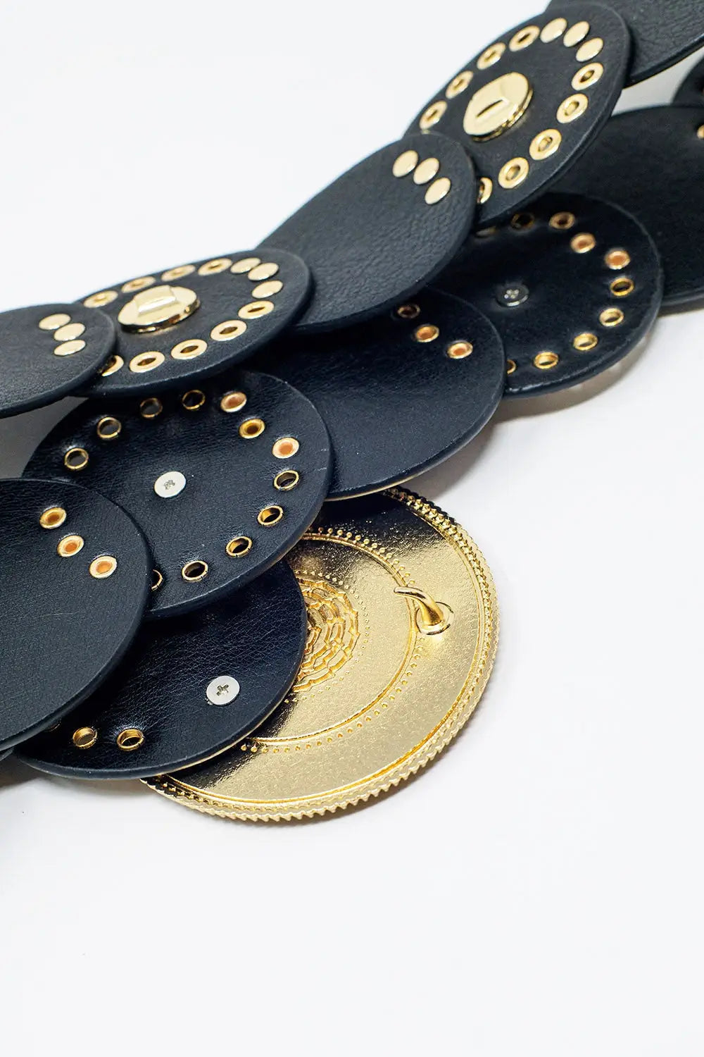 Black leather belt with black rhinestone round buckle and golden details - Accesory
